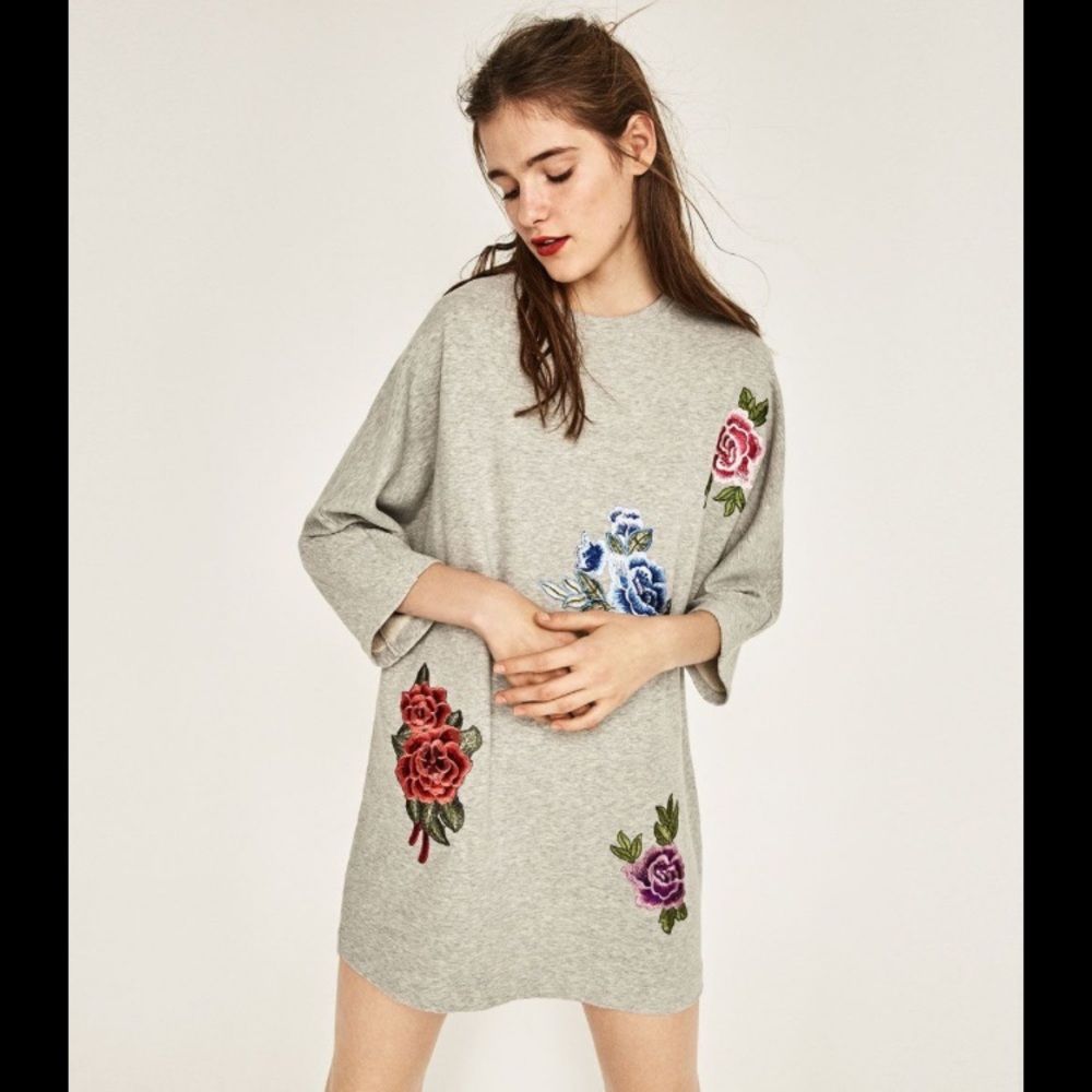 Zara Womens Size S Grey Sweatshirt Mini Dress Tunic Sweater Floral Embroidered